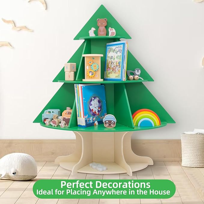 WOOD CITY Kids Bookshelf and Toy Storage Organizer, 2 in 1 Solid Wooden Children Tree Bookcase and Toy Shelf Toddler Storage Display Bookshelf for Kids Room Playroom Bedroom Study Easy Assembly