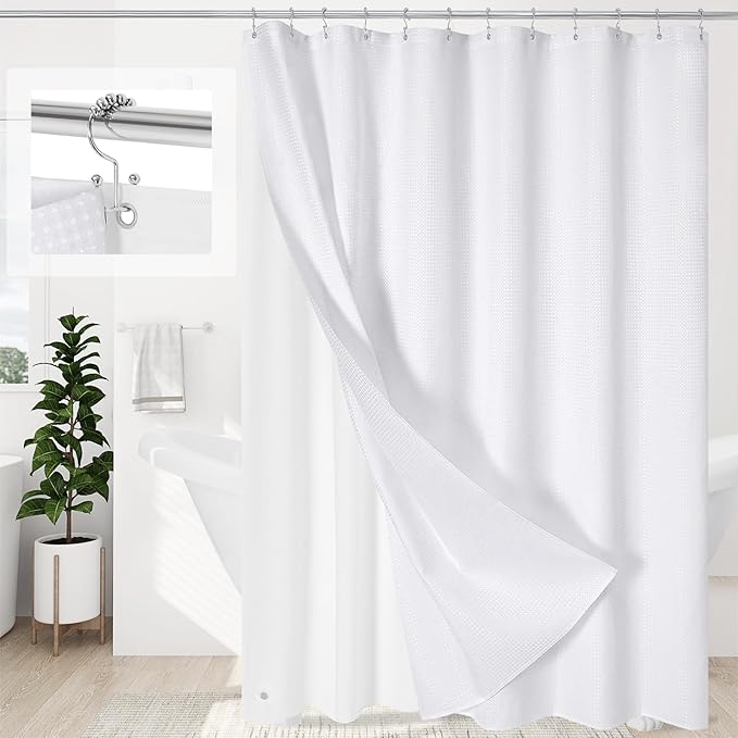 3 in 1 Extra Long Shower Curtain Set-72 W x 84 H, White Waffle and PEVA Liner Set with 12 Stainless Steel Hooks, Waterproof Fabric for Bathroom