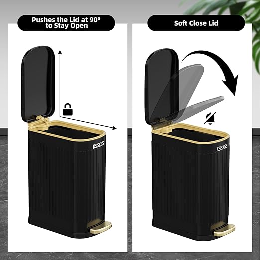 2.6 Gallon Slim Bathroom Trash Can with Soft Close Lid, 10L Stainless Steel Garbage Can with Removable Liner Bucket, for Narrow Spaces, Bathroom, Bedroom (Matt Black)