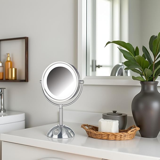 JERDON Lighted Makeup Mirror with Magnification - 1X and 8X Magnification - Nickel Finish - Model HL8808NL