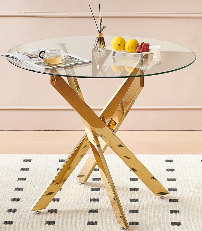 Round Glass Dining Table, Tempered Glass Tabletop and Metal Legs, Modern Style Glass Kitchen Table for Home, Kitchen, Dining Room (Gold, 36'' Round Table with 4 Legs)