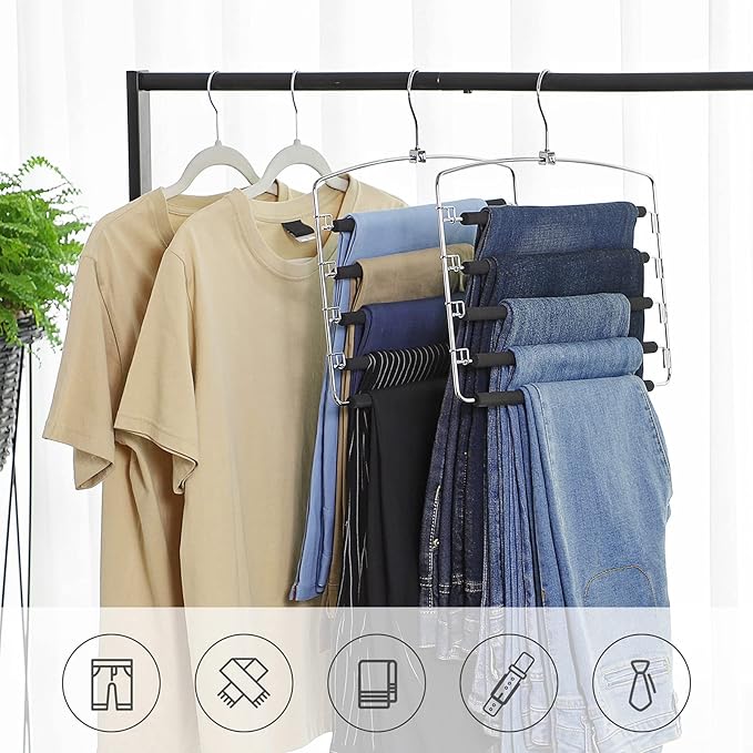 SONGMICS Pants Hangers, Set of 3, 5 Tiers Non-Slip Skirt Hangers, Space Saving Pants Organizers, for Closet, Silver and Black UCRI041BK