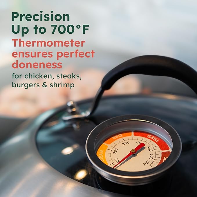 Melting Dome with Thermometer & Glass Top – 12-inch Stainless Steel Griddle Dome - Basting Cover with Steam Vent – Perfect for BBQ, Grilling, Cheese Melting & Family Cooking – 700°F