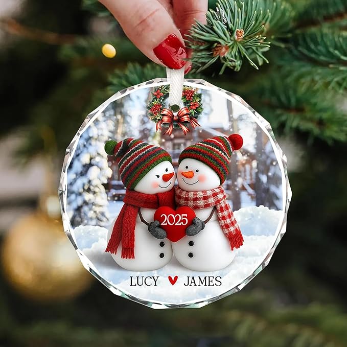 NAZENTI Personalized Snowman Couple Ornament 2025, Custom Glass Christmas Ornaments with Names, Snowman Lovers Holiday Decoration, Romantic Gift for Couples Newlyweds Keepsake 02