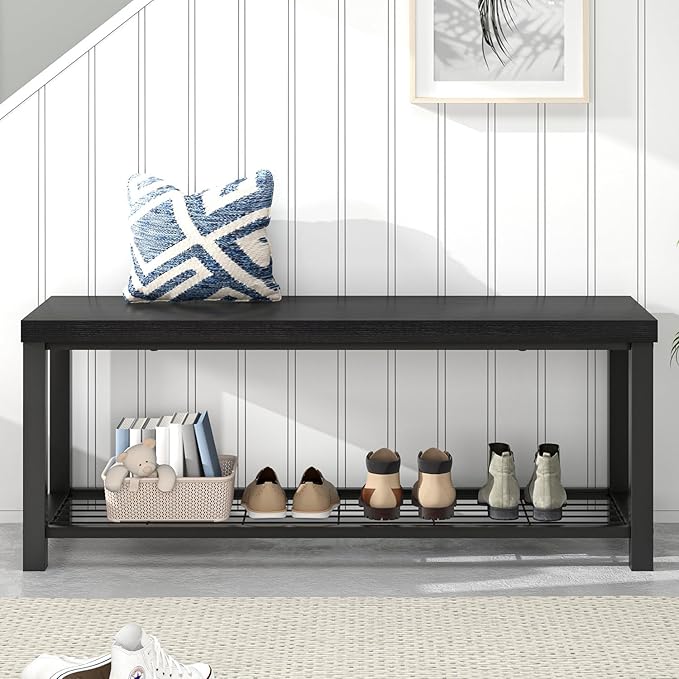 EXCEFUR Entryway Bench, Modern Wood and Metal Storage Bench for Hallway Front Door Entrance, Industrial Indoor Shoe Rack Bench Seat for Bedroom Living Room, 43.3 Inch Black