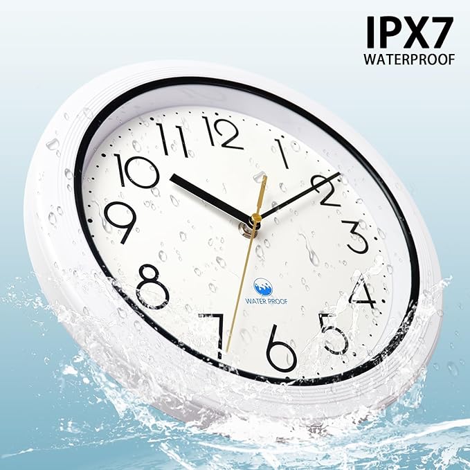 Caysie 11 Inch Sealed Indoor Outdoor Waterproof Wall Clock, Durable Silent Non-Ticking Battery Operated Quality Quartz Round Clock, Wall Decorative for Patio, Pool, Bathroom (White)