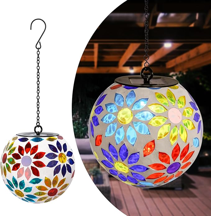 Solar Hanging Lantern Solar Outdoor Lanterns Mosaic Flower Outdoor Hanging Lights Outdoor Lights Waterproof Garden, Patio, Pathway & Yard Décor (Multi)