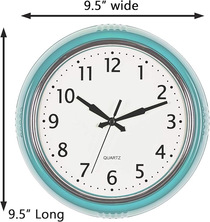 Bernhard Products Retro Wall Clock 9.5 Inch Blue Kitchen 50's Vintage Design Round Silent Non Ticking Battery Operated Quality Quartz Clock (Robin Egg Blue)