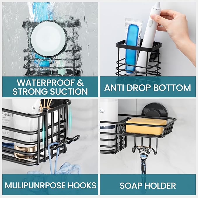TAILI Shower Caddy Suction Cup, 3 Pack Shelves for Inside with Hooks & Soap holder Toothbrush Cups, Removable Bathroom Organizer, Rustproof Black Holder Storage-Black