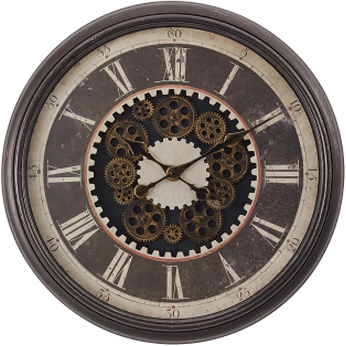 23 Inch Dark Brown Steampunk Wall Clock with Decorative Gears, Industrial Vintage Analog Clock for Living Room, Farmhouse, Office Decor, Silent Non-Ticking Battery Operated