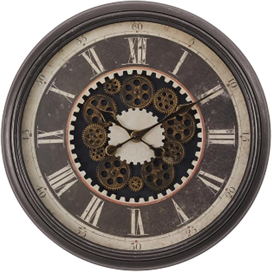 23 Inch Dark Brown Steampunk Wall Clock with Decorative Gears, Industrial Vintage Analog Clock for Living Room, Farmhouse, Office Decor, Silent Non-Ticking Battery Operated