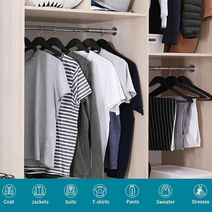 20 Pack Wooden Coat Hangers, 360° Swivel Hook, Suit Hangers with Anti-Slip Notches, Clothes Hangers for Jackets, Shirts, Dress, Black UAWY0520B