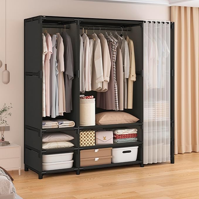 Portable Closet,Portable Closets for Hanging Clothes,Japanese Style Garment Rack with 3 Hanging Rods,9 Storage Shelves,56.2" L x 17.7" W x 65.1" H,Black