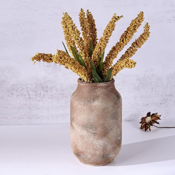Rustic Farmhouse Ceramic Vase, 9.8" Tall Vintage Pottery Vases, Terracotta Decorative Boho Pampas Flower Vase, Suitable for Home Decor Living Room Entryway Table Bookshelf Mantle Shelf Decor