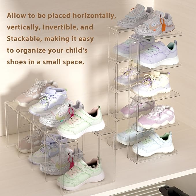 Acrylic Kids Shoe Rack - 2 Pack Clear Shoe Organizer for Toddlers & Children, Space-Saving Nursery Shoe Storage Shelf, Small Baby Shoes Display Rack for Closet/Entryway, for Desk File Book Organizer