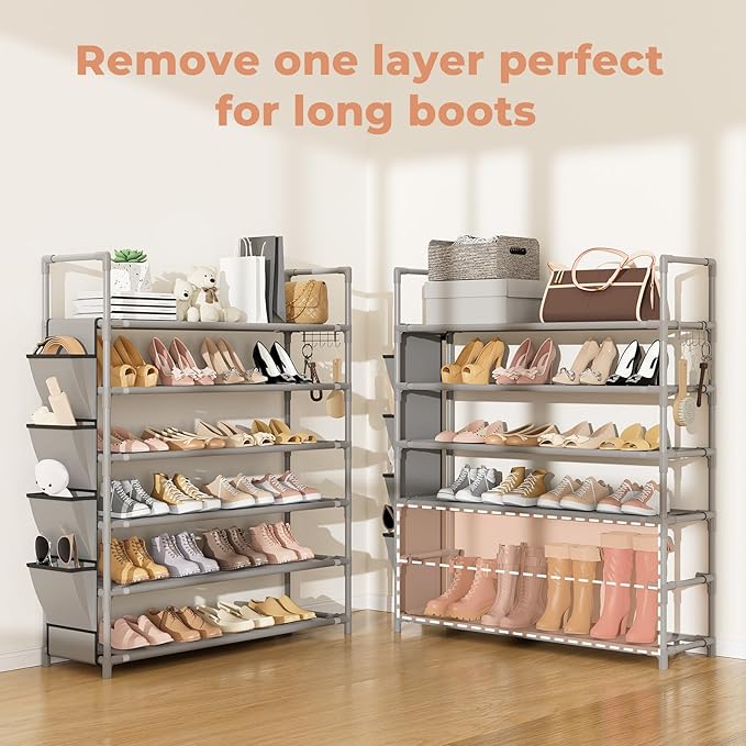 6 Tier Shoe Rack Storage for 24-30 Pairs Shoe and Boot, Shoe Organizer with Hook and Side Pocket Free Standing Long Shoe Shelf Tall Shoe Rack Organizer for Closet, Entryway, Dorm, Grey