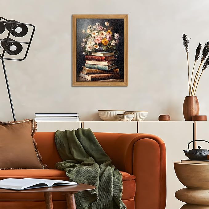Framed Vintage Floral Wall Art - 3D Textured Flowers Books Sandstone Hand Drawn Art Oil Painting - Minimalist Botanical Wall Decor for Bedroom Living Room Office Decor 16X24in