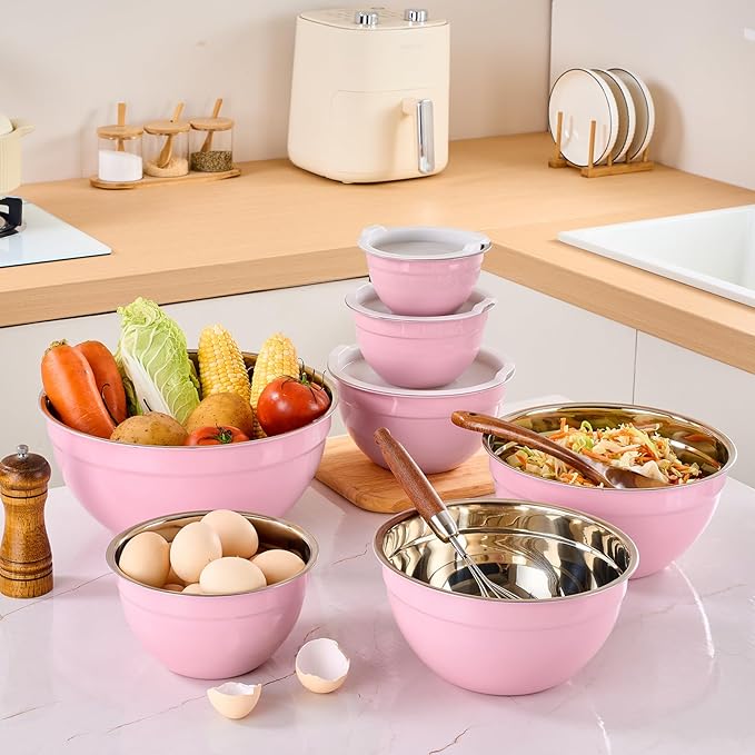 Pink Mixing Bowls with Airtight Lids, Stainless Steel Nesting Mixing Bowls Set of 7, Ideal for Baking, Prepping and Serving Food, Size 7, 3.6, 2.7, 2.1, 1.5, 1.1,0.8 QT, Stackable Design