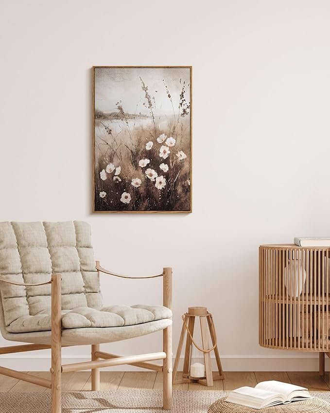 InSimSea Framed Wall Art for Living Room Landscape Canvas Wall Decor Meadow with Flowers Vintage Paintings Classical Wildflower Field Scene Boho Floral Pictures Decor for Bathroom Bedroom 16x24in