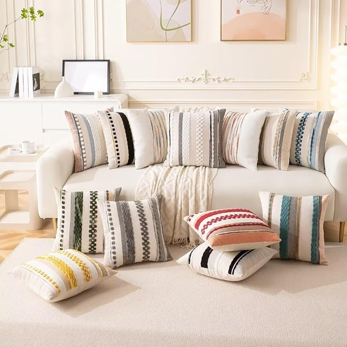 Boho Throw Pillow Covers 18x18 Set of 2 Farmhouse Decorative Cushion Case Striped Square Pillows Cover Chenille Pillow Cases Accent Neutral Pillowcase for Sofa Couch Bed,White