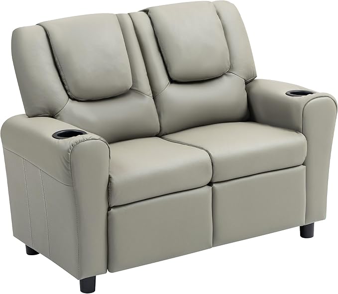 AVAWING Double Toddler Recliner Chair, Kids Couch with Cup Holders, Faux Leather Kids Recliner, Loveseat Sofa w/Adjustable Footrest & Headrest for Boys and Girls Age 1-4, Grey