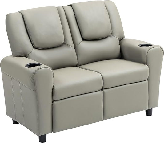 AVAWING Double Toddler Recliner Chair, Kids Couch with Cup Holders, Faux Leather Kids Recliner, Loveseat Sofa w/Adjustable Footrest & Headrest for Boys and Girls Age 1-4, Grey