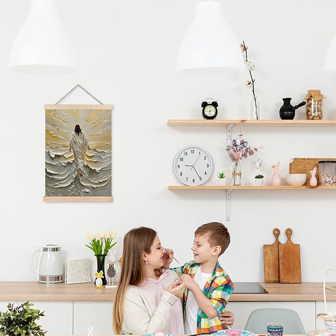 YTRG Jesus Wall Art, Bible Verse Wall Decor, Jesus Walking on Water Canvas Prints Framed Decor for Home Living Room Bedroom, 12x16 In