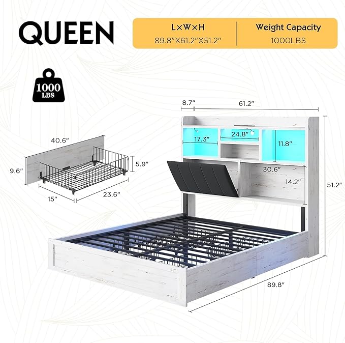 Queen LED Bed Frame with Bookcase Headboard and 4 Drawers,Farmhouse Storage Bed with Charging Station & Linen Upholstered, No Box Spring Needed, Distressed White