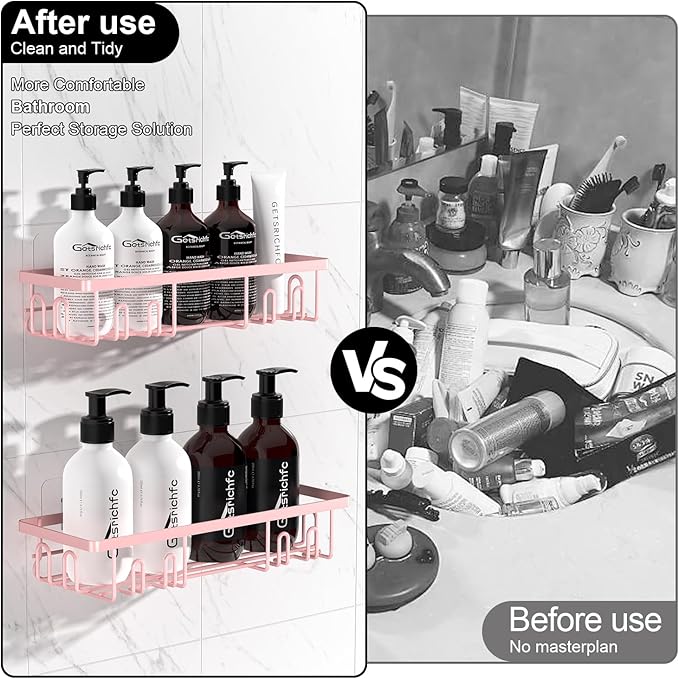 2025 New Adhesive Shower Caddy, Shower Shelves with 16 Hooks, Pink 2 Pack