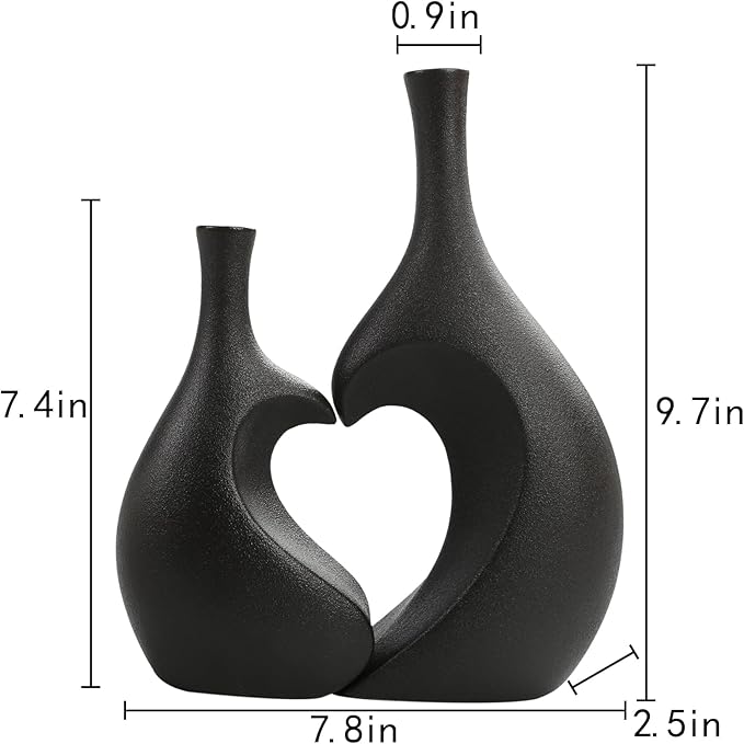 Black Ceramic Vase Set of 2, Heart Shaped vase, Matte Frosted Texture Finish,Farmhouse Decor, Home Decor, Decorative Vase, Vases for Your Bedroom, Office, Living Room, Bathroom (Black)