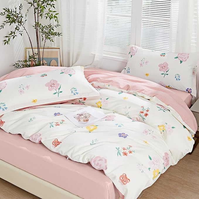 SAPHREAS Pink Floral Duvet Cover Set King Size Colorful Flowers White Bedding Comforter Cover Set 100% Cotton 1 Duvet Cover 104"x90" 2 Pillow Shams, Comforter Not Included