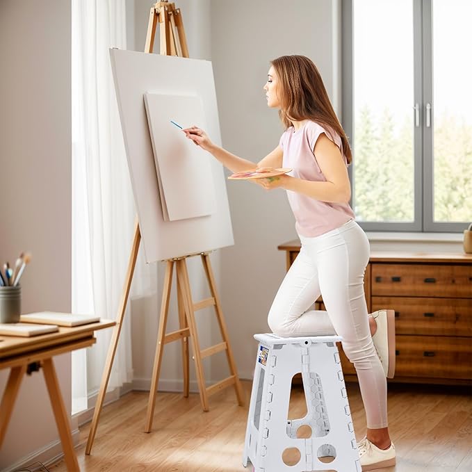 ACKO Folding Step Stool Foldable 17.5 Inch 400 lbs Capacity, Plastic Stools for Adults and Kids, Collapsible Stools for Kitchen, Stepping Stool with Handle (White)