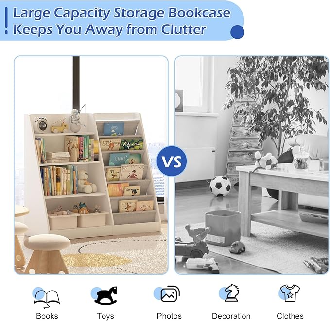 White Kids Bookshelf Wood Toy Storage Organizer Cabinet Children Bookcase Toddler Baby Sling Book Rack Adjustable Shelf for Playroom Bedroom Nursery Hallway School Kindergarten