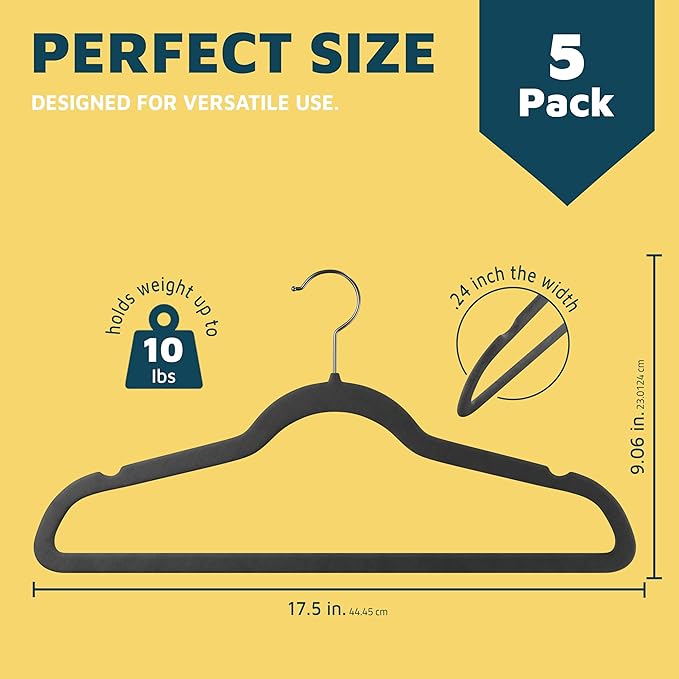 Velvet Clothes Hangers – with 360 Degree Swivel Hook and Non-Slip Shoulder Notch, Holds Up to 10 lbs, Heavy Duty Hanger Set, for Organizing Suit, Dress, Coat, and Clothes, Pack of 5, Gray
