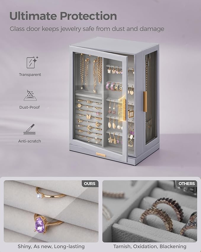 360° Rotating Jewelry Box with 7 Drawers, Spacious Vertical Jewelry Organizer with Glass Window, Jewelry Storage Case, Dustproof & Moisture-resistant Design, Grey
