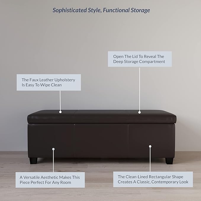 BELLEZE Storage Faux Leather Ottoman, 47 Inch Bench Bedroom Bench with Safety Close Hinge, Extra Long Ottoman with Storage for Living Room, Entryway, Hallway, Foot Rest, Support 300lbs - Brown