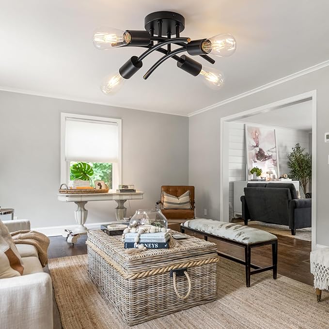 WILON Semi Flush Mount Ceiling Light Fixture, Modern Flush Mount Ceiling Lights, Matte Black 4-Light Sputnik Ceiling Light Fixture with E26 Bulb Base for Hallway Farmhouse Kitchen Bedroom