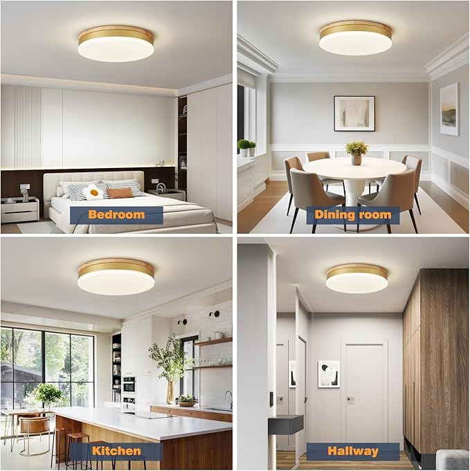 Modern Dimmable Gold Ceiling Light with Remote, 11.8in Flush Mount Ceiling Light, 24W 3000K-6000K Light Color Adjustable, 2200LM Round Ceiling Lamp Fixtures for Bedroom, Living Room, Hallway