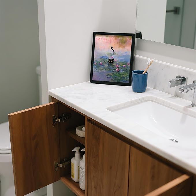 Krtoni Framed Funny Black Cat Canvas Wall Art, Black Cat in the Pink Water Lily Wall Decor, Vintage Preppy Aesthetic Animal Posters Prints for Living Room Bedroom Bathroom Decor 10''L x 8''W