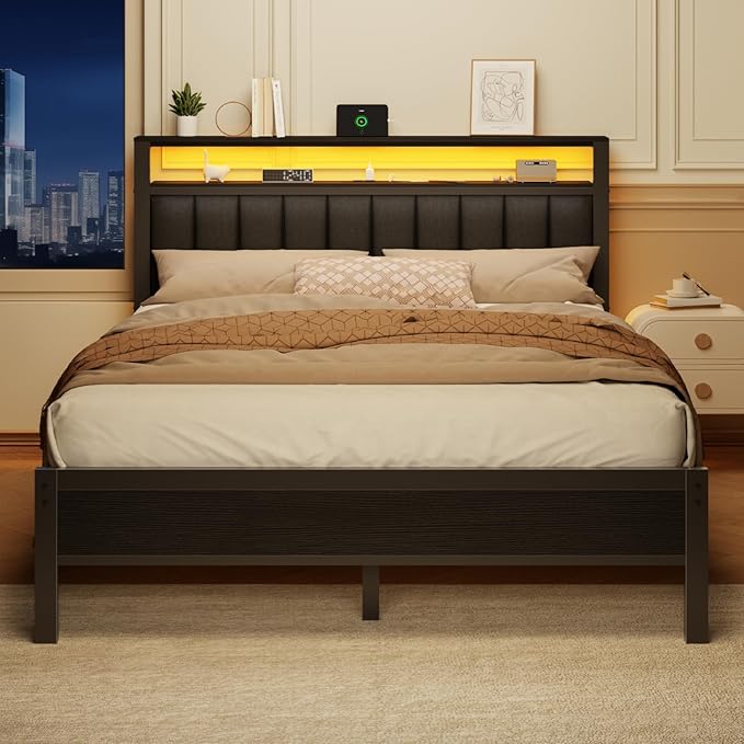 Furnulem Queen Size Bed Frame with Charging Station and LED Lights, Platform Bed with Metal Slats, Grey Upholstered Headboard with 2-Tier Storage Shelves, No Box Spring Needed