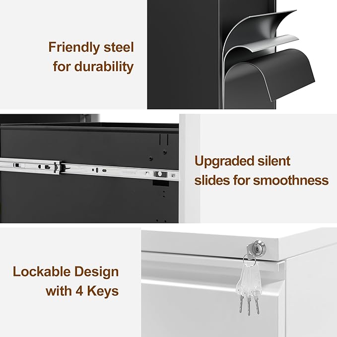 Metal Mobile File Cabinet with Lock and 4 Keys - Fully Assembled, Under Office Desk 3 Drawers Filing Cabinet for Home Office with Anti-tilt Wheels, A4/Legal/Letter Hanging File Drawers