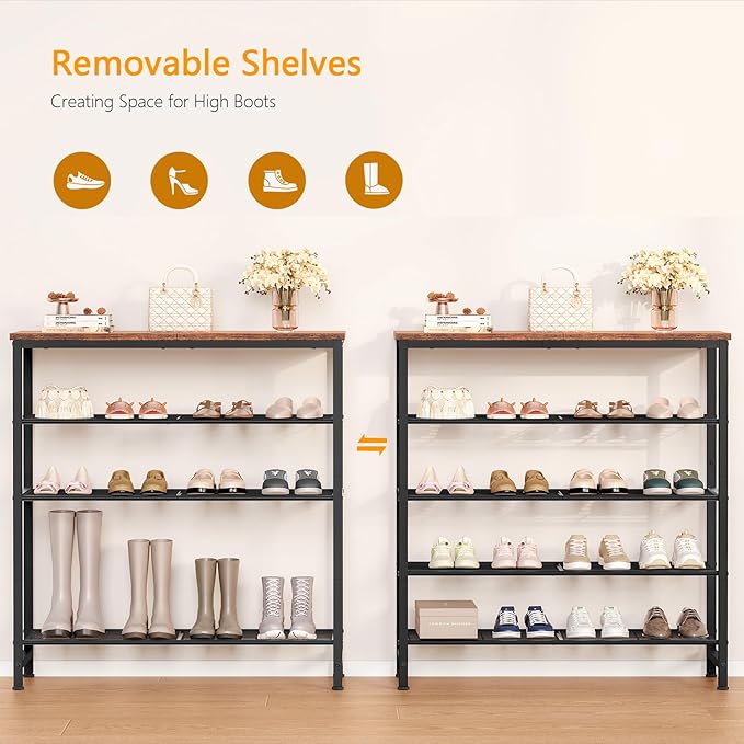usikey 5-Tier Shoe Rack, Industrial Shoe Storage Organizer for 12-16 Pairs of Shoes, Metal Shoe Shelf with Wooden Top, Shoe Stand with 3 Metal Shelves for Entryway, Hallway, Closet, Rustic Brown