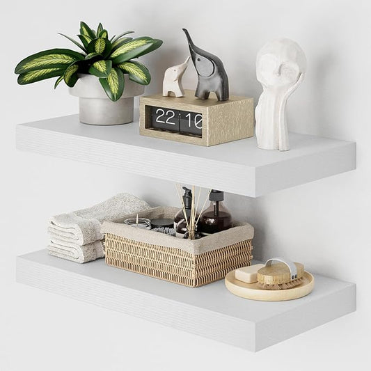 Heimlove 12" Deep White Floating Shelves for Wall, 24 Inch Wall Shelf Bathroom Shelves Set of 2, Wall Mounted Shelves for Books Living Room Laundry Room Bedroom Kitchen Home Office