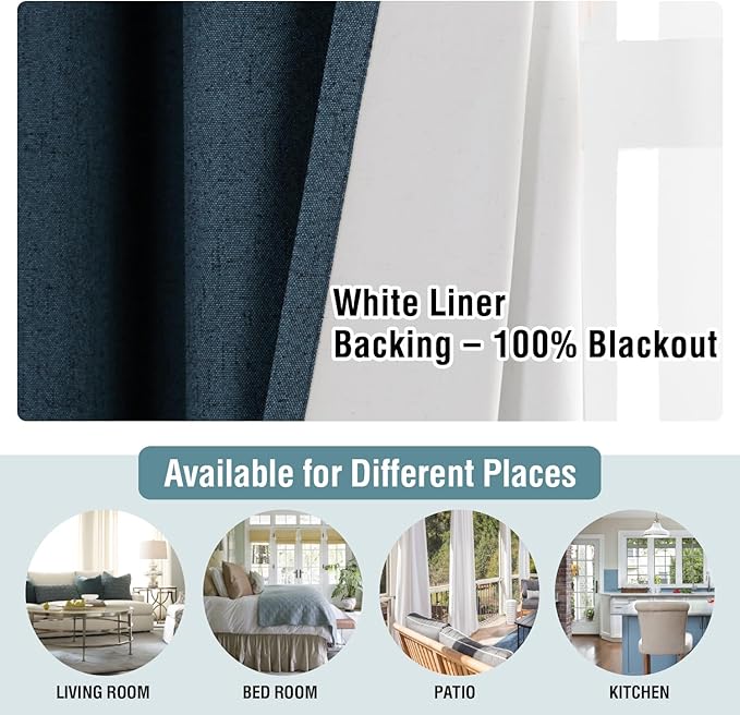 H.VERSAILTEX Linen Blackout Curtains 54 Inches Long 100% Absolutely Blackout Thermal Insulated Textured Linen Look Curtain Draperies Anti-Rust Grommet, Energy Saving with White Liner, 2 Panels, Navy
