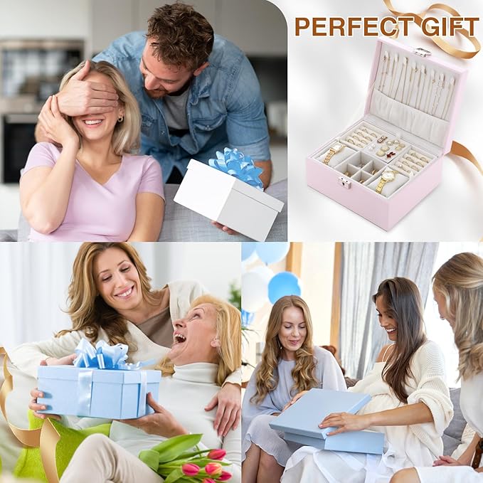 Jewelry Organizer Box for Girls Women,Large Genuine Leather Jewelry Organizers and Storage with Earring Holder Organizer Removable Velvet Jewelry Tray,Christmas Gifts Jewelry Box for Girls 8-12,Pink