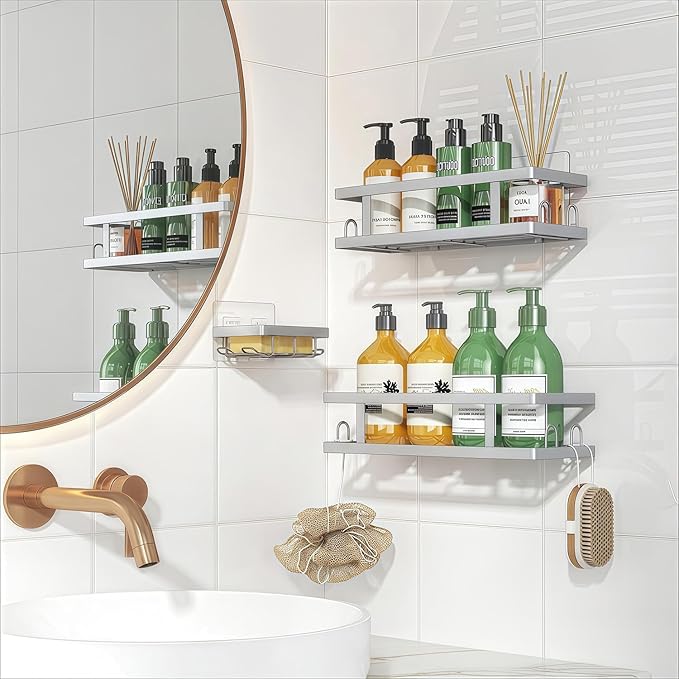 Adhesive Shower Caddy,Shower Shelves with Soap Holder and 12 Hooks,Rustproof No Drilling Bathroom Organizer and Storage,Silver,3 Pack