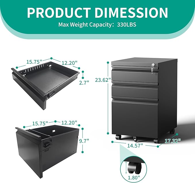 File Cabinet, Vertical File Cabinets with Lock for Home Office,Heavy Duty Office Steel Filing Cabinet for Hanging Letters/Legal/A4 (Black, 3 Drawers-Wheel)