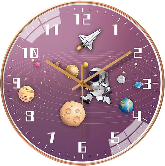12 Inch Silent Movement Kids Wall Clock, Non Ticking Children Round Wall Clock Battery Operated Space Travel Style Decor Children Clock for Home School Girls Bedroom Living Room (Pink)