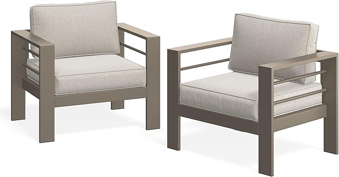 Wisteria Lane 2-Piece Patio Sofa Set, Metal Outdoor Armchair with Waterproof Upgraded Cushions, All-Weather Outdoor Single Sofa for Balcony, Garden, Deck, Backyard, Khaki