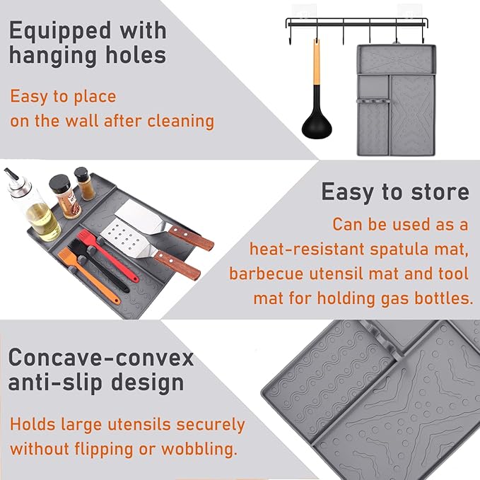 Griddle Mat Barbeque Grill Accessories Tools for Blackstone, Side Shelf Food-Grade Silicone Grill Mat, Spatula Silicone Mat with Drip Pad for Outdoor Grill Kitchen Counter - Grey